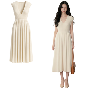 Vestido Midi de Punto Acanalado para Mujer, Cuello Redondo, Manga Corta, Cintura Elástica, Corte Recto, Venta al por Mayor Directa de Fábrica - Product Image 1