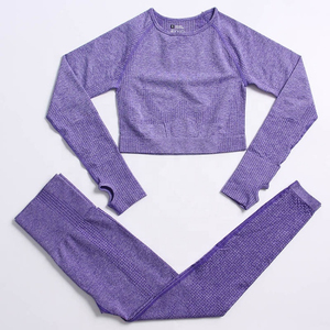 Women's Gray 2 Piece Yoga Set Crew Neck Crop <b>Top</b> Full Length Leggings Solid Pattern <b>Sweat</b> Wicking Seamless High Waist - Product Image 6