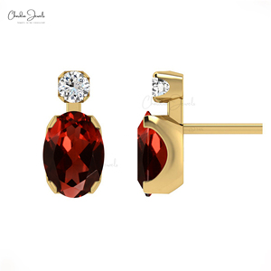 Top Quality 14k Pure Gold Natural 7x5mm Oval Cut Garnet & Diamond Stud <b>Earrings</b> Handmade Accent <b>Fine</b> <b>Earrings</b> Direct Bulk Supply - Product Image 4