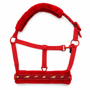 Harnais de cheval en nylon rouge avec rembourrage en fourrure et broderie de cheval dorée |   Collier de tête équestre réglable avec boucles rouges assorties - Product Image 1