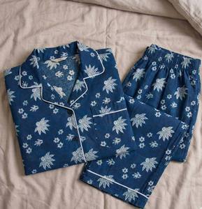 <b>Women</b> Indigo Woven Cotton Winter Night Suit Hand Block Printed Soft <b>Thermal</b> Pajama Set OEM Private Label Manufacturer - Product Image 1