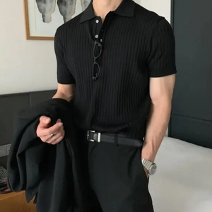 Polo de Punto Texturizado Marrón Sólido para Hombre, Manga Corta, Cuello Casual con Botones - Product Image 5