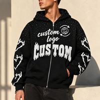 Sweat à capuche zippé surdimensionné personnalisé 100 % coton, style streetwear, broderie vieillie, coupe carrée courte, strass, délavé, ODM Homme