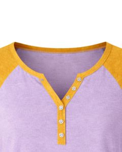 T-shirt pour femme en coton doux, coupe ample décontractée, manches courtes, col Henley, manches raglan, couleurs lavande et jaune moutarde, idéal pour l'été - Product Image 6
