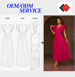 Robe longue plissée élégante d'été en crêpe, coupe empire, col en V, manches à volants, respirante, couleur bonbon, fabriquée au Vietnam - Product Image 5