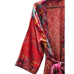 Vestido Kimono Floral Vintage de seda India para mujer, ropa de verano de playa Bohemia Hippie con cierre de cintura elástica, bata Kimono - Product Image 3