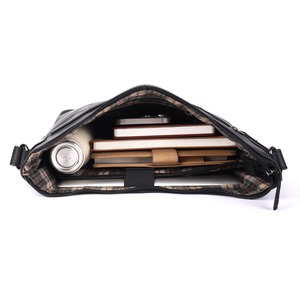 Nouveauté Sac à bandoulière en cuir véritable avec fermeture à glissière, doublure à carreaux, unisexe, pour usage quotidien, sac à main classique - Product Image 3