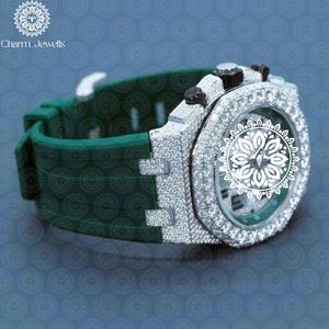 Charm_Jewells Montre de luxe pour homme en acier inoxydable, bracelet en silicone vert, 42 mm, analogique, quartz, cristal saphir, boîtier en diamant - Product Image 3