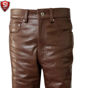 Brown Leather Windproof Midweight <b>Pants</b> for Men <b>Straight</b> <b>Leg</b> Mid Waist Button Fly OEM Custom Winter Casual Wear - Product Image 3