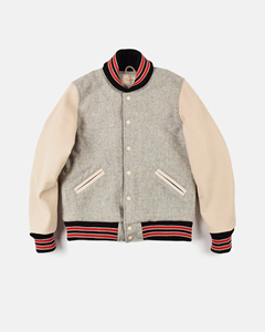 Veste varsity en laine mélangée pour homme avec manches en cuir et doublure matelassée, col rabattu, vêtement décontracté pour l'automne - Product Image 4