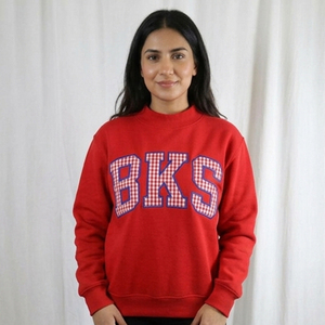 Sudadera de cuello alto para mujer BKS, color azul claro, con tela a cuadros Gingham, patchwork bordado y forro polar - Product Image 4
