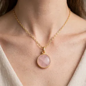 Collar con Colgante de Cuarzo Rosa Natural de 20 mm, Chapado en Oro, Plata y Oro Rosa, Joyería de Piedras Preciosas para Venta al por Mayor, Regalo Unisex - Product Image 4