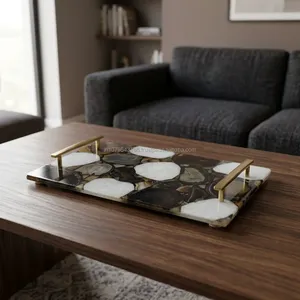 Handmade Black Agate Stone <b>Serving</b> <b>Tray</b> with <b>Gold</b> Metal Handles Rectangular Decorative Kitchen Coffee Table Display Luxury Home - Product Image 2