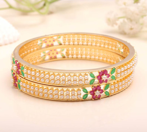 Handmade 22K Gold Plated Ruby Emerald Pearl <b>Bangle</b> Traditional Indian <b>Bracelet</b> Available in Multiple Sizes - Product Image 3