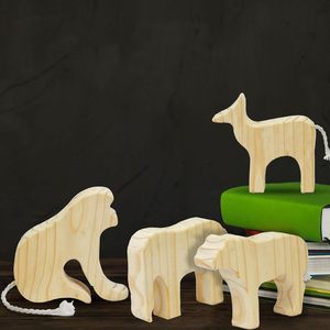Handmade Wooden Animal Figurines Set of 4 Carved <b>Bear</b> Deer Cat Dog Freestanding Home Decoration Craft Wood Statues - Product Image 1