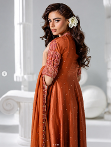 Women's <b>Orange</b> Cotton <b>Saree</b> Embroidered Sleeves Floor-Length Traditional Wedding Wear India Pakistan Style SADIA AUN HUTE - Product Image 1