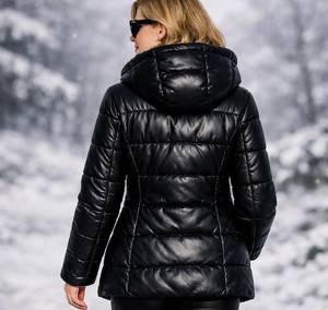 Veste matelassée noire imperméable pour femme, à manches longues, avec capuche, fermeture à enfiler, coupe-vent, manteau d'hiver en nylon et polyester - Product Image 4