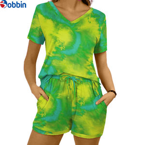 Ensemble T-shirt et short en coton de haute qualité, coupe oversize à épaules tombantes, unisexe, avec logo personnalisé, streetwear pour femme, 2 pièces, tie-dye, ensembles d'été - Product Image 2