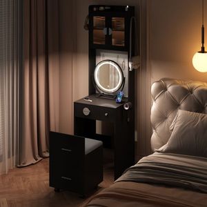 Compatto Mini angolo trucco Set di trucco luci LED stazione di ricarica cassetti scaffali nascosto sgabello per piccoli spazi - Product Image 3