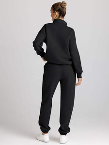 Ensemble de survêtement tendance pour femme : sweat à capuche uni à manches longues avec cordon de serrage et pantalon de jogging en polaire imprimé pour l'hiver - Product Image 4