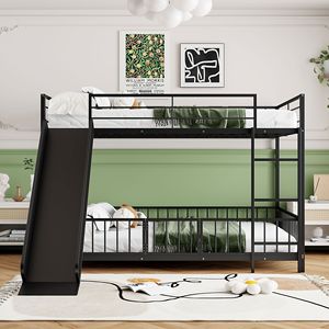 Black Full-Size Metal Bunk <b>Bed</b> <b>with</b> <b>Slide</b> and Guardrails Kids' <b>Beds</b> - Product Image 2