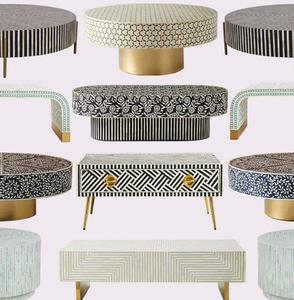 Table d'appoint moderne à rayures géométriques monochromes avec incrustation d'os, disponible à prix de gros, avec élégants accents dorés. - Product Image 6