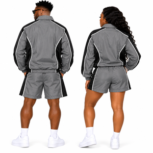 Unisex Tracksuit Set Gray Black Full Sleeve <b>Zipper</b> <b>Jacket</b> Shorts Quick Dry Sporty Spring Wear athletic outfit - Product Image 3