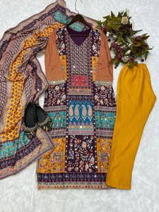 Traje Festivo Salwar Kameez de Muselina Estampada Fatema Fashion con Pantalón y Dupatta para Mujer, Ropa Étnica con TRABAJO DE ESPEJO REAL - Product Image 5