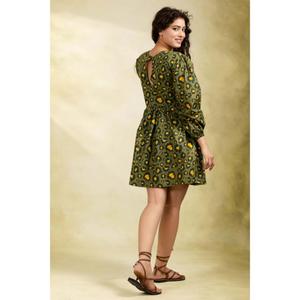 Minivestido verde floral con aberturas, mangas largas abullonadas, silueta en A, cuello con abertura decorativa, 100% algodón, cintura natural - Product Image 5