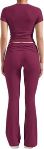 Women Breathable Simple 2 Piece Yoga Set Crop <b>Top</b> and Flare Pants Short Sleeve Solid Color Mid Waist Activewear Lounge Outfit - Product Image 2