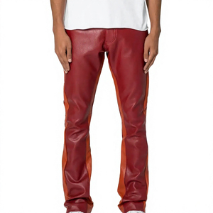 Pantalon en cuir marron pour homme, taille haute, coupe droite, style motard, avec poches latérales, fermeture boutonnée, effet vieilli, délavé, tissu épais - Product Image 5