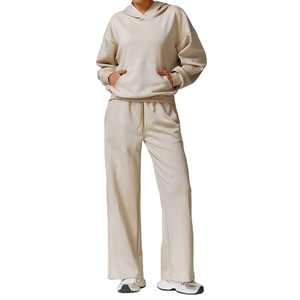 Ensemble de survêtement d'hiver pour femmes grande taille, couleur unie, sweat-shirt 100% coton avec pantalon de jogging deux pièces - Product Image 1