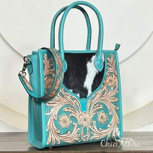 Premium Turquoise Hand Tooled Floral Leather Female <b>Tote</b> Bags Real Cowhide Leather Stylish Crossbody Shoulder Purse Handbags - Product Image 1