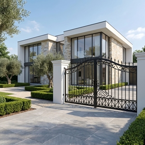Portail double battant en fer forgé traditionnel KHP, revêtement poudré, durable, pour usage extérieur, commande manuelle, installation facile, modèle 3D - Product Image 4