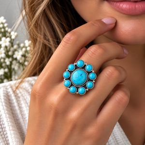 Bague ajustable en turquoise Kingman style western, pierre ronde, faite à la main, style bohème, bijou fantaisie en pierres précieuses - Product Image 3