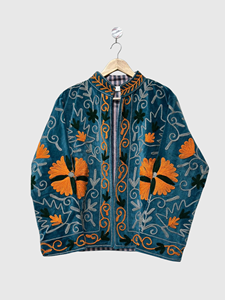 Chaqueta de Terciopelo con Bordado Floral, Cuello Mandarín, Manga Larga, Talla Grande, Estilo Cuadrado para Mujer, Ropa de Otoño - Product Image 1