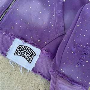 Sweat à capuche zippé personnalisé avec broderie en détresse poids lourd et strass et lavage à l'acide pour unisexe 100% coton 450GSM Flees - Product Image 5