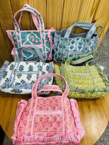 Premium Handmade Quilted Cotton Frill Mini Tote Bag Floral Block Print Shoulder Handbag Reusable Eco Friendly <b>Small</b> <b>Shopping</b> Bag - Product Image 2