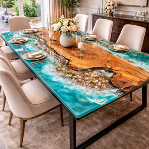 Table à manger artisanale en résine océanique, bois à bords naturels et design rivière en époxy bleu - Product Image 1