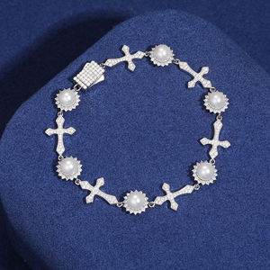 Christian Cross Pearl <b>Bracelet</b> 925 Silver Rhodium Plated Women's Religious Jewelry Chain Link Design - Product Image 1