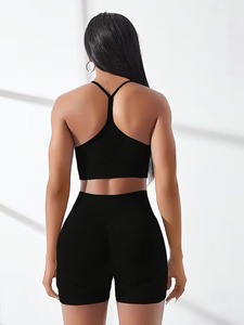 Ensemble de yoga deux pièces décontracté d'été sans couture, respirant, avec haut court à empiècements côtelés et short gainant anti-transparence à haute élasticité - Product Image 6