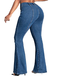 YUANBOFEI Nouvelle Collection Jean Femme Bleu Denim Coupe Droite Taille Mi-Haute Extensible avec Empiècements Avant et Arrière 100% Coton Respirant - Product Image 3