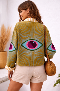 Chaqueta de terciopelo marrón para mujer con bordado de ojos, hecha a mano, estilo bohemio, con forro a rayas. - Product Image 4