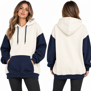 Sudadera con Capucha Oversize para Mujer, Diseño Color Block Rosa y Blanco, con Bolsillos de Felpa, Manga Larga, Estilo Casual Urbano para Invierno, 100% - Product Image 6