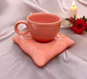 New Vision <b>Ceramic</b> Pillow Cup Saucer Set <b>Coasters</b> | Modern Luxury Macaron Pink Coffee Mug | Creative Aesthetic Tea Set for Home - Product Image 1