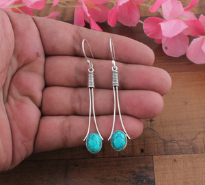 925 <b>Sterling</b> <b>Silver</b> Gold Plated Natural Turquoise Drop Earrings | Wholesale Handcrafted Vintage Wedding Party Long <b>Wire</b> Dangle - Product Image 3
