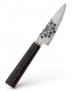 Outil utilitaire d'extérieur en acier, à lame droite, gravé au laser avec un motif floral de lotus, fabriqué à la main, avec manche en bois dur. - Product Image 4