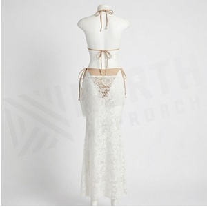 <b>White</b> <b>Lace</b> Halter Bikini Set With Floral Pattern Skirt And Adjustable Straps For Women - Product Image 3