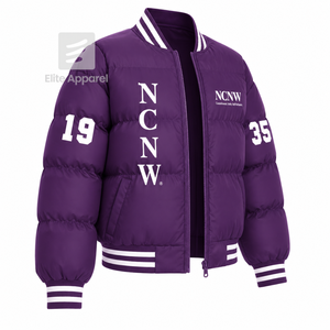 Custom NCNW Council Puffer <b>jacket</b> embroidered logo on front purple and <b>white</b> color full sleeve <b>jacket</b> <b>for</b> female - Product Image 2