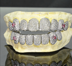 Grillz Hip Hop avec strass roses sertis à griffes, bijoux de fête unisexe, plaqué or 18 carats, micro-incrustation de zircone cubique - Product Image 1